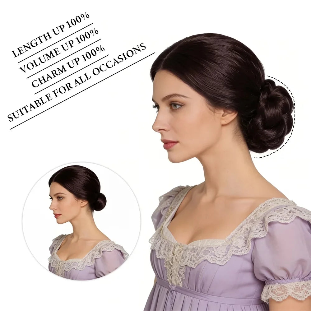 Black embellished human hair claw ponytail extension bun wig for women, shown in an updo style