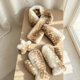 Kawaii deer spots faux fur winter hat, scarf and gloves set with cozy matching accessories