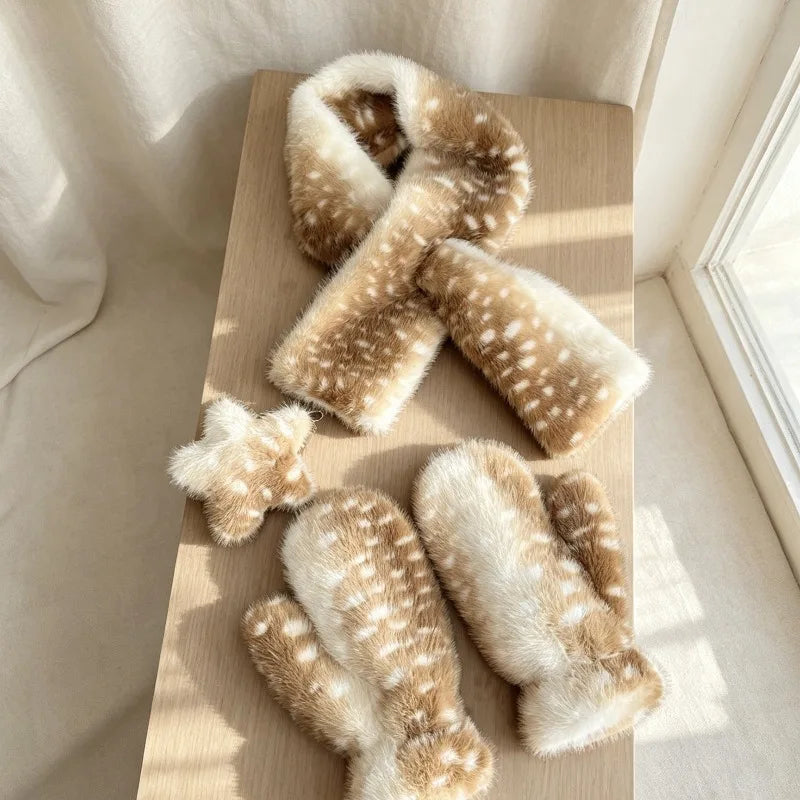 Kawaii deer spots faux fur winter hat, scarf and gloves set with cozy matching accessories