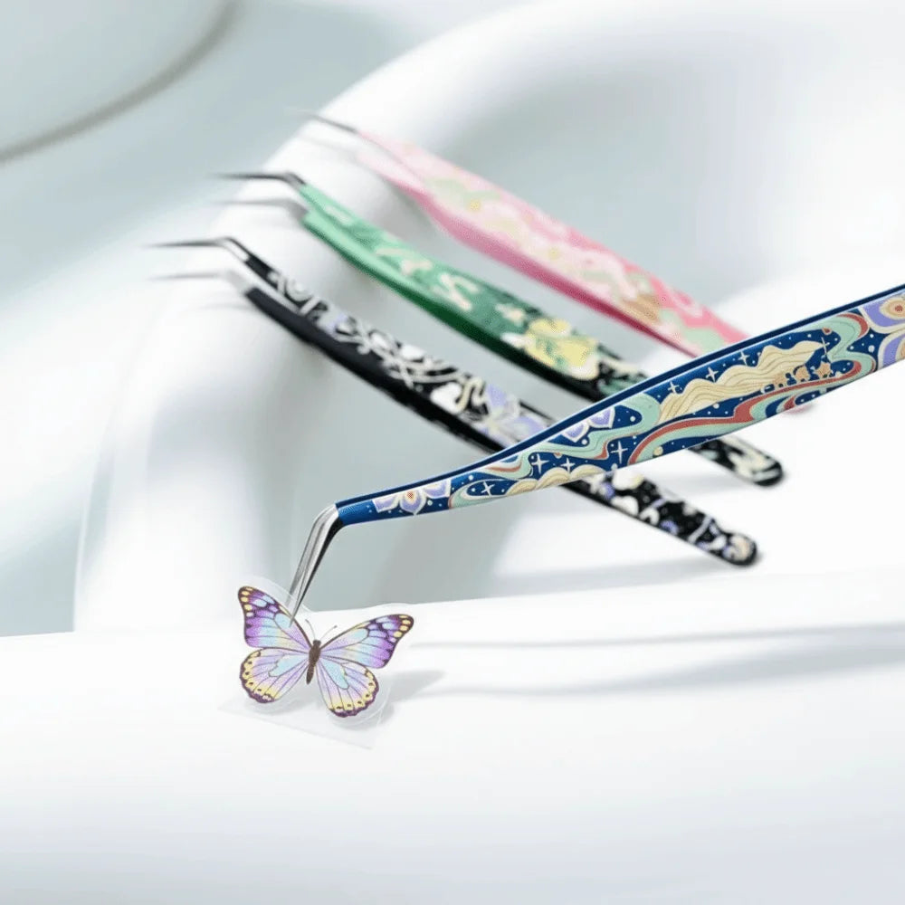 High precision stainless steel eyelash extension tweezers by Sticker Therapy, angled close-up:VEVENT