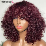 Short curly bob wig with bangs, 100% human Brazilian Remy hair, natural color, glueless daily wear, for women.