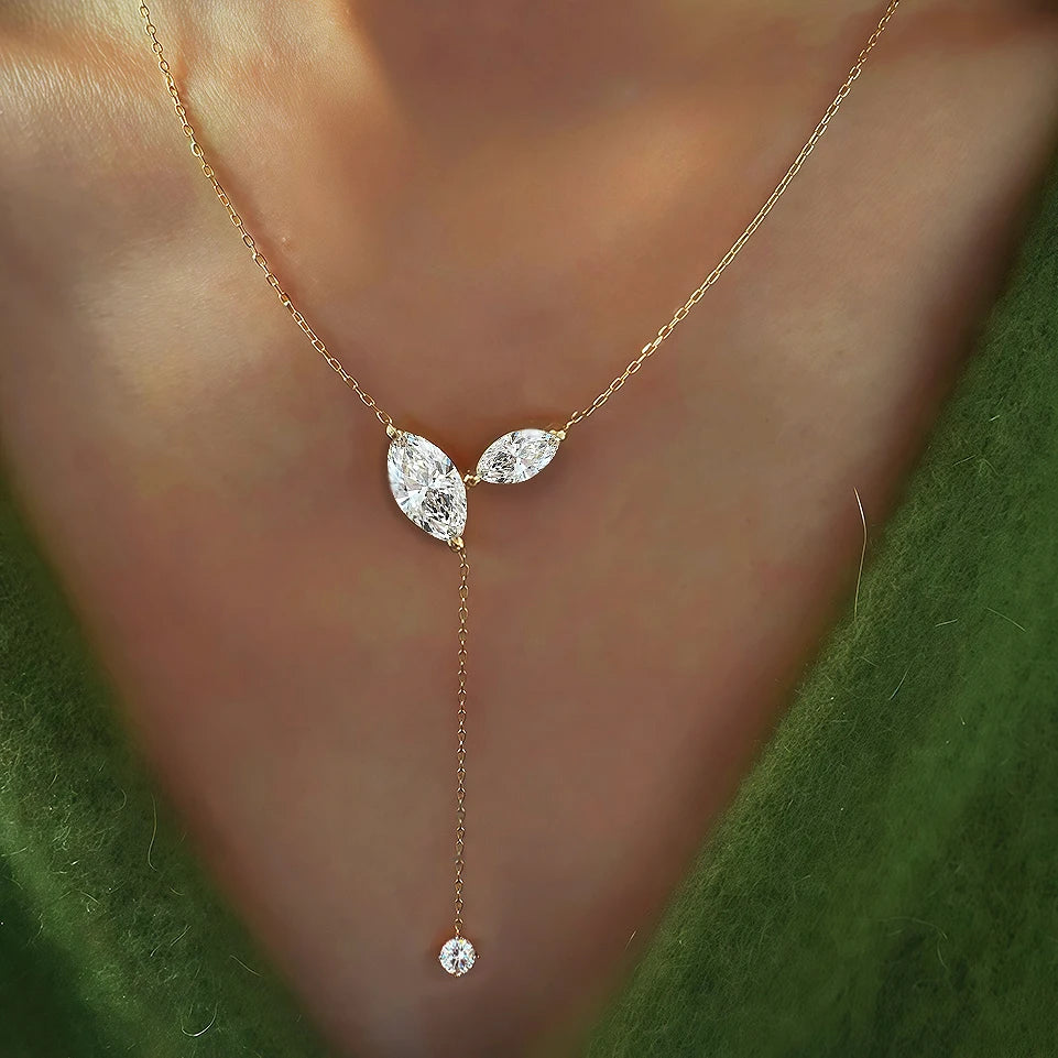 Marquise cut Moissanite lariat pendant necklace in S925 silver with 4cttw lab diamond accents, Y-style long tassel jewelry for women.