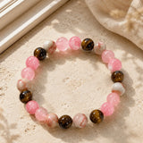 Pink Brown Beaded Bracelet, Round Elastic Bracelet with Tiger Eye Style and White Marble Pattern Beads, Daily Wear Jewelry Gift