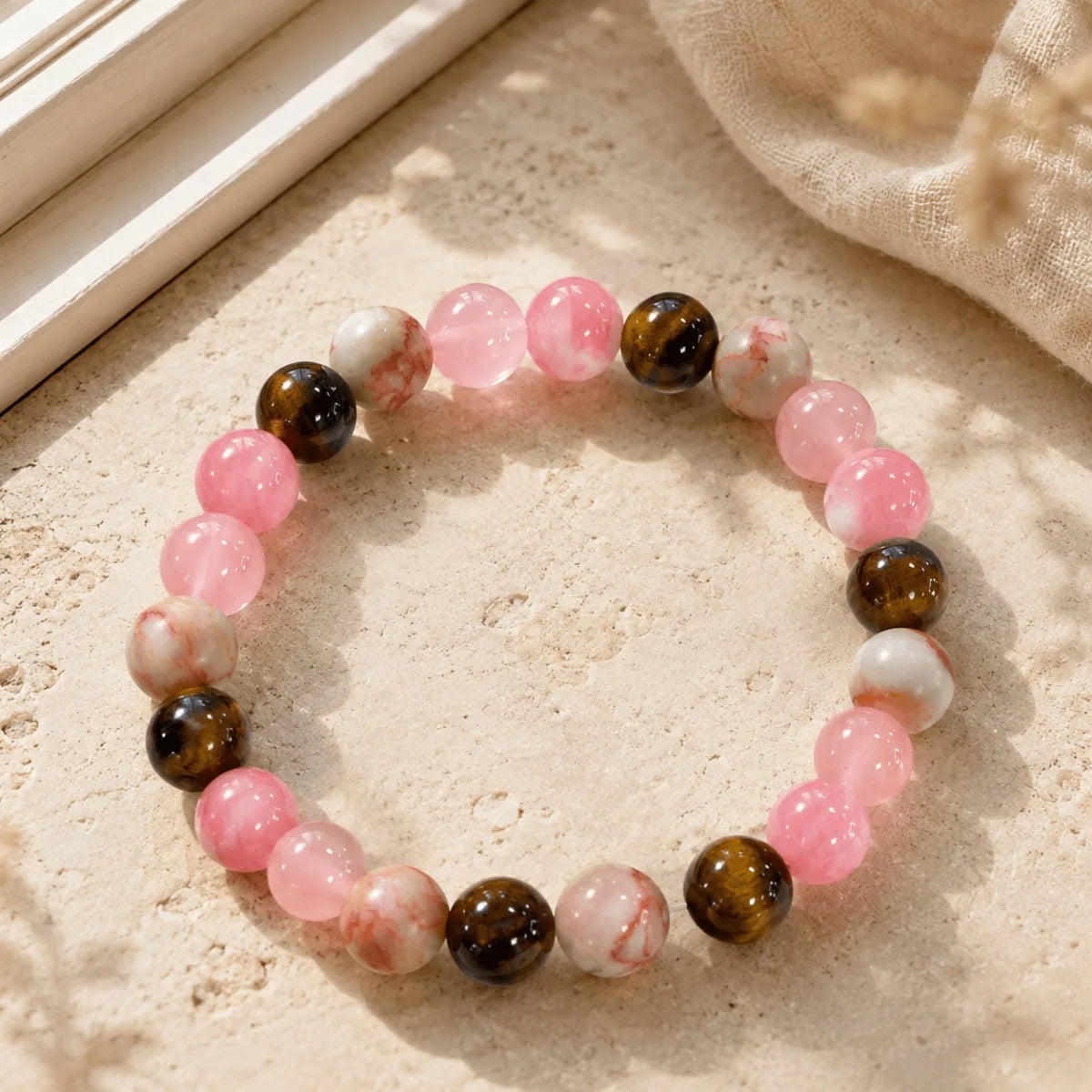 Pink Brown Beaded Bracelet, Round Elastic Bracelet with Tiger Eye Style and White Marble Pattern Beads, Daily Wear Jewelry Gift