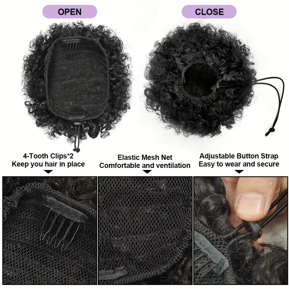 Brazilian human hair afro kinky puff drawstring ponytail extension in natural black by HSF Marketplace