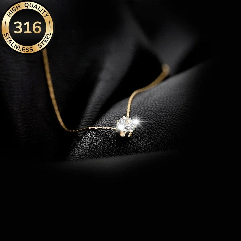 Waterproof hypoallergenic 316L stainless steel solitaire necklace with cubic zirconia, elegant chain jewelry for women.