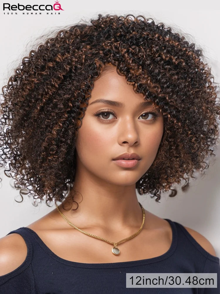 Kinky curly bob wig for women with bangs, Brazilian Remy human hair, 200% density, easy wear, by HSF Marketplace.