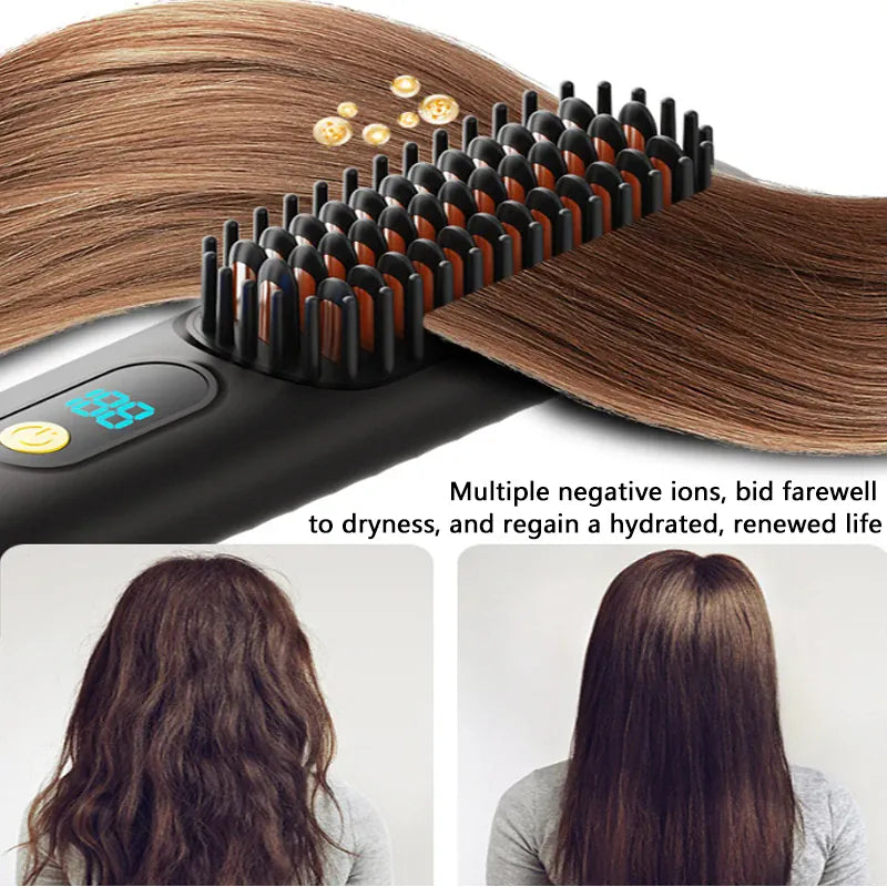 Wireless Straightening Brush Negative Ion Hair Straightener Portable Comb Dual Use Straight/Curly Hair USB Charging 3600mAh 36W