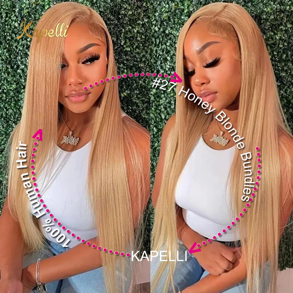 15A Silk Straight Bundles Human Hair and Closure #27 Honey Blonde Human Hair Bundles with Closure HD 4X4 Lace Pre Plucked