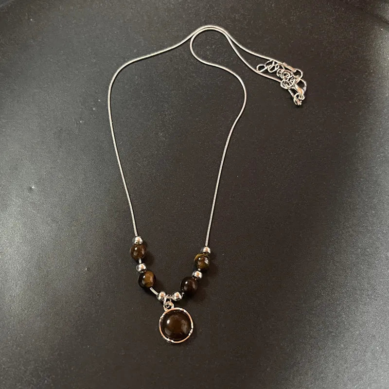 Vintage brown leather stone pendant necklace for women by HSF Marketplace