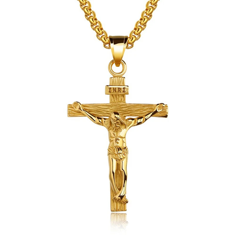 Stainless steel Jesus cross necklace for men in gold and silver options by HSF Marketplace