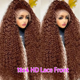 Chocolate Brown 250% Density Curly Lace Front Wig 13x6 HD Transparent Lace Front Human Hair Wig for Women with Baby Hair