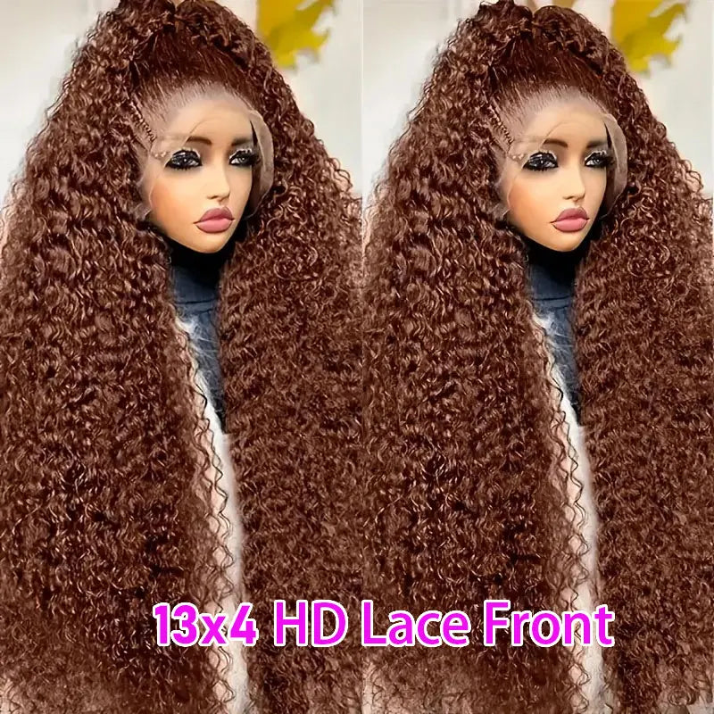 Chocolate Brown 250% Density Curly Lace Front Wig 13x6 HD Transparent Lace Front Human Hair Wig for Women with Baby Hair