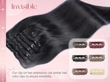 Natural black straight clip-in human hair extensions, 7-piece PU invisible weft set by HSF Marketplace