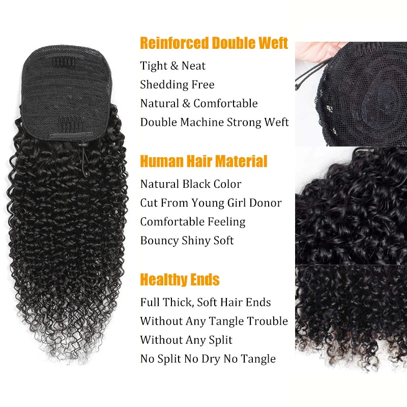 HSF Marketplace kinky curly Brazilian virgin Remy human hair drawstring clip-in ponytail extension