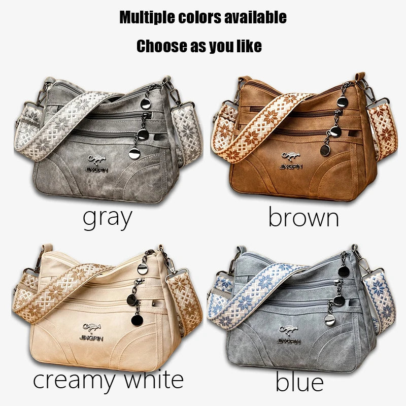 Vintage soft leather women's shoulder purse with multi-pocket design and ethnic pattern strap, ideal for everyday use.