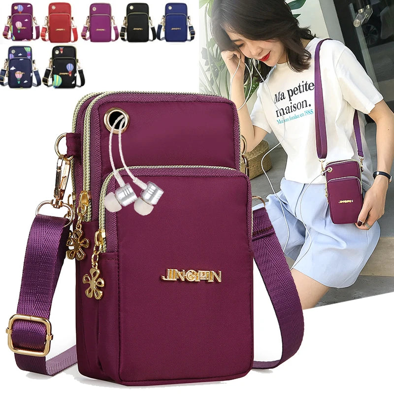 Women's HSF Marketplace mobile phone crossbody bag with three layers, mini coin pocket, and shoulder strap for everyday use.