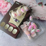 HSF Marketplace 24-piece short almond press-on nails with pink floral French tips and glossy full-cover finish