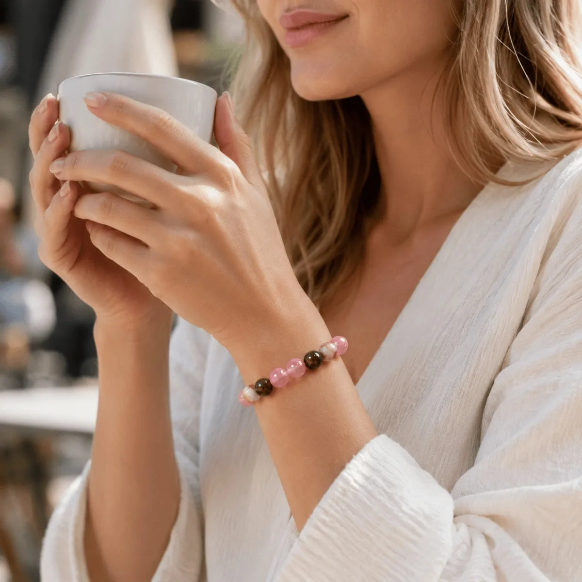Pink Brown Beaded Bracelet, Round Elastic Bracelet with Tiger Eye Style and White Marble Pattern Beads, Daily Wear Jewelry Gift