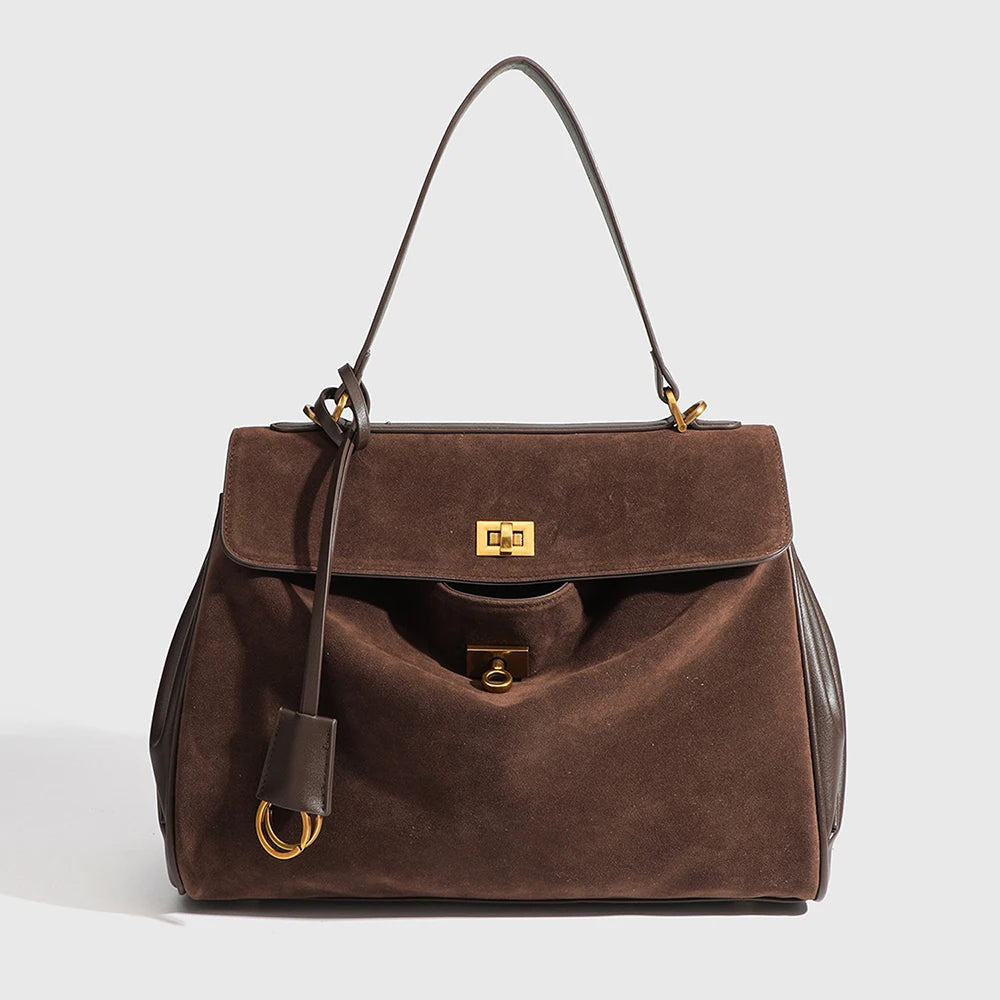 Large capacity women's split leather tote bag in brown with spacious interior and sturdy handles