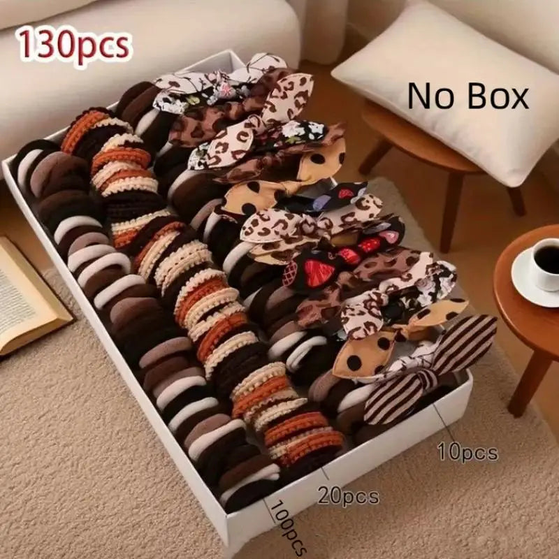 130Pcs Brown Series Mixed Kids Hair Ties Set Sweet Leopard Print Bowknot Rubber Band Cute Hair Rope For Girls Hair Accessories