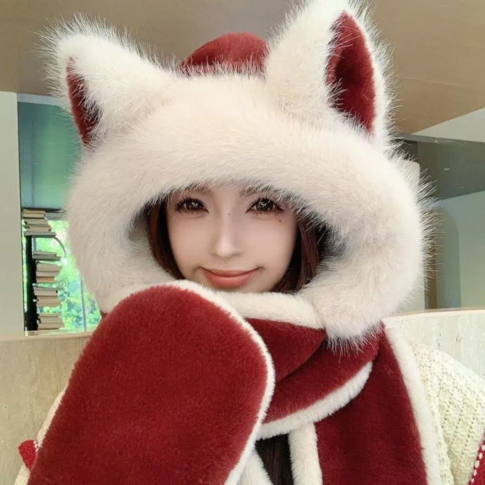 3-in-1 fox ear winter hat, scarf and gloves set by HSF Marketplace