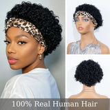 Jet black short kinky curly human hair wig with leopard print twist headband and natural scalp design