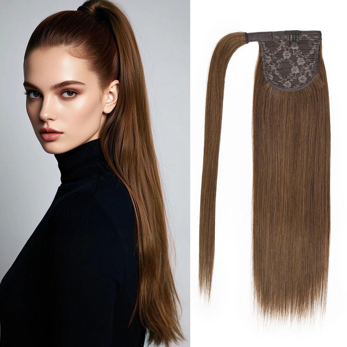 Straight human hair ponytail extension with clip and wrap-around design for women