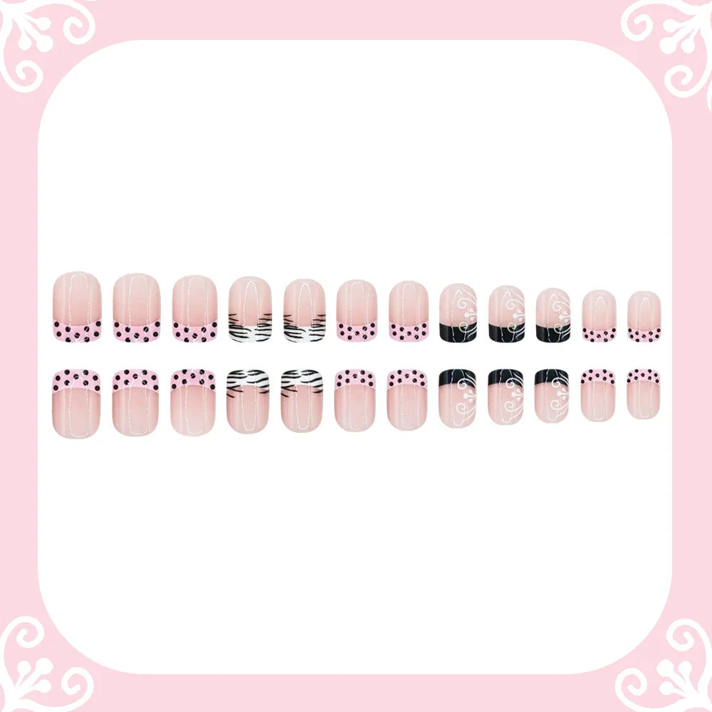 24pcs short square black and white zebra polka dot French style press-on false nails by HSF Marketplace