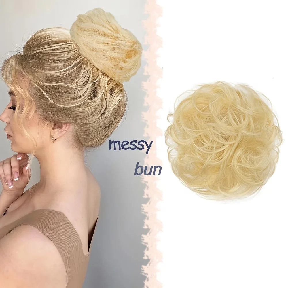 Real human hair messy bun scrunchie in curly wavy style for women’s ponytail updo