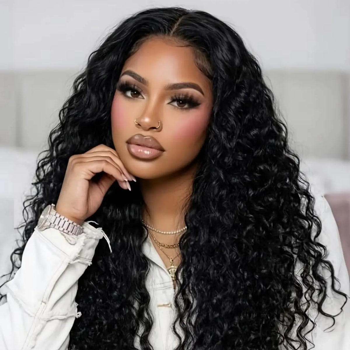 34-inch HSF Marketplace human hair deep wave glueless lace front wig with pre-plucked natural hairline