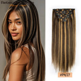 Seven-piece set of HSF Marketplace straight clip-in human hair extensions in 16-24 inches, featuring double weft and natural look.