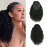 Human hair afro kinky curly drawstring ponytail extension with clips and wrap for women, natural curly afro puff