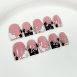 10pcs short duck bill press-on false nails with pink French tips, 3D butterfly flowers, pearl hearts and rhinestones