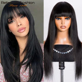 Natural black straight human hair wig with bangs, full machine-made, glueless Remy hair, designed for women wearing and going.