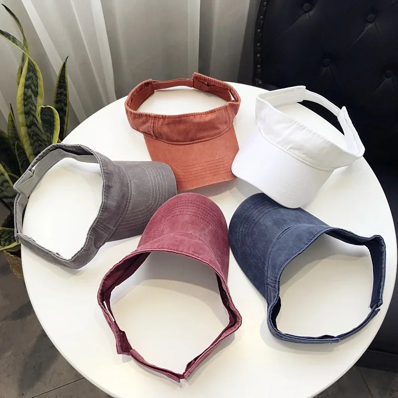 Women's washed cotton empty top sun hat, solid color visor for beach, travel, sports, golf, and UV protection