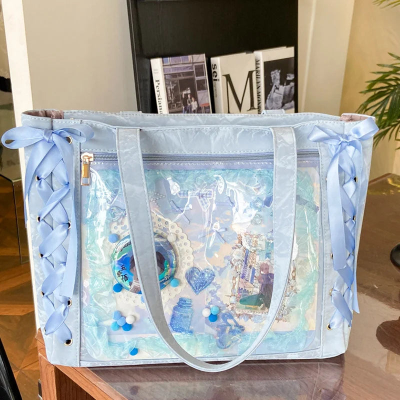 Large capacity transparent Y2K Japanese Ita Bag by HSF Marketplace, featuring a cute Lolita design with casual shoulder tote style.