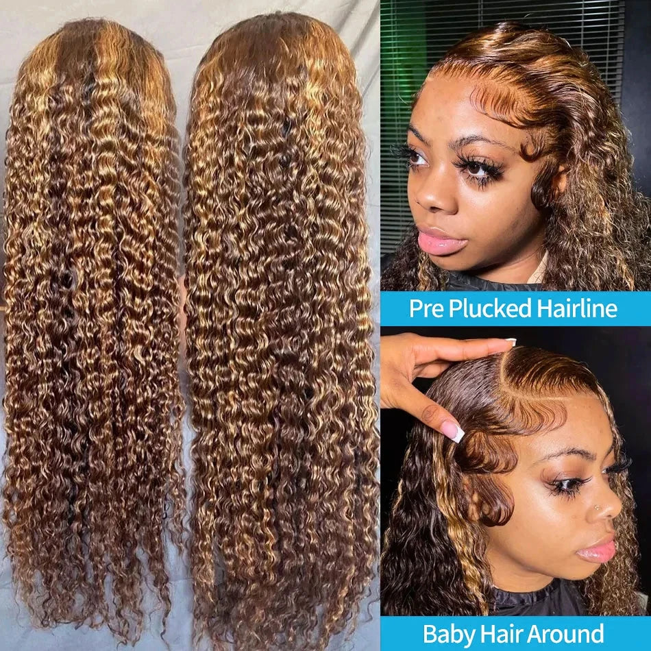 30 Inch Highlight Honey Brown Curly Human Hair Wig 13x6 Lace Front Ombre Colored Deep Wave Lace Frontal Wig for Women