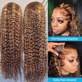 30 Inch Highlight Honey Brown Curly Human Hair Wig 13x6 Lace Front Ombre Colored Deep Wave Lace Frontal Wig for Women