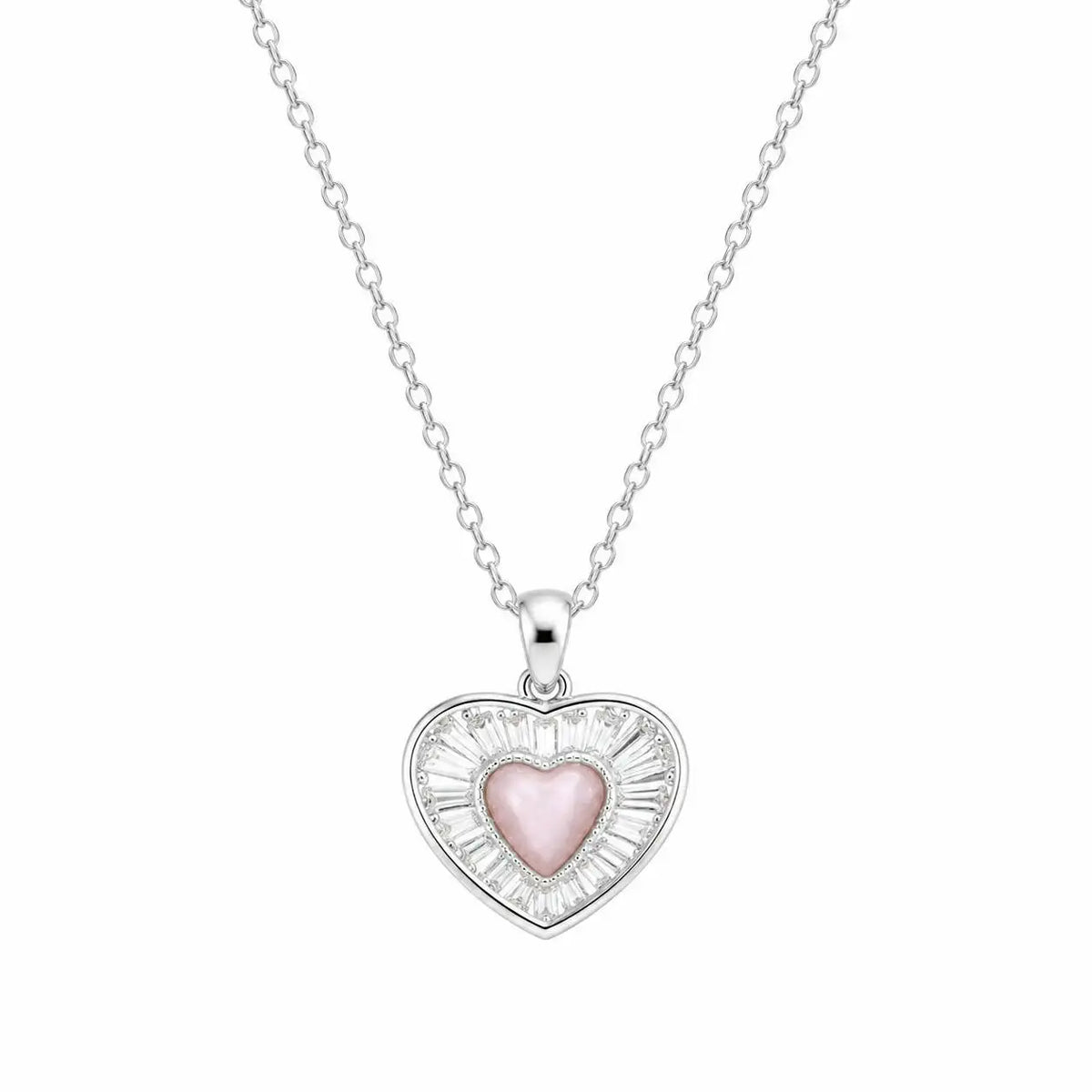Pink heart crystal halo sunburst pendant necklace for women, elegant jewelry featuring a sparkling pendant with a floral design.