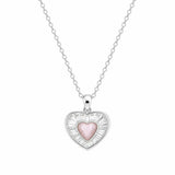 Pink heart crystal halo sunburst pendant necklace for women, elegant jewelry featuring a sparkling pendant with a floral design.