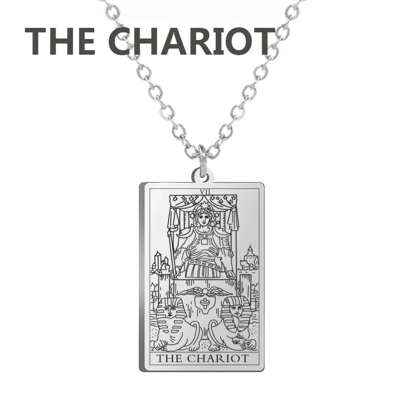 Stainless steel Dawapara Tarot Cards necklace featuring Major Arcana symbols, divination charm jewelry for women.