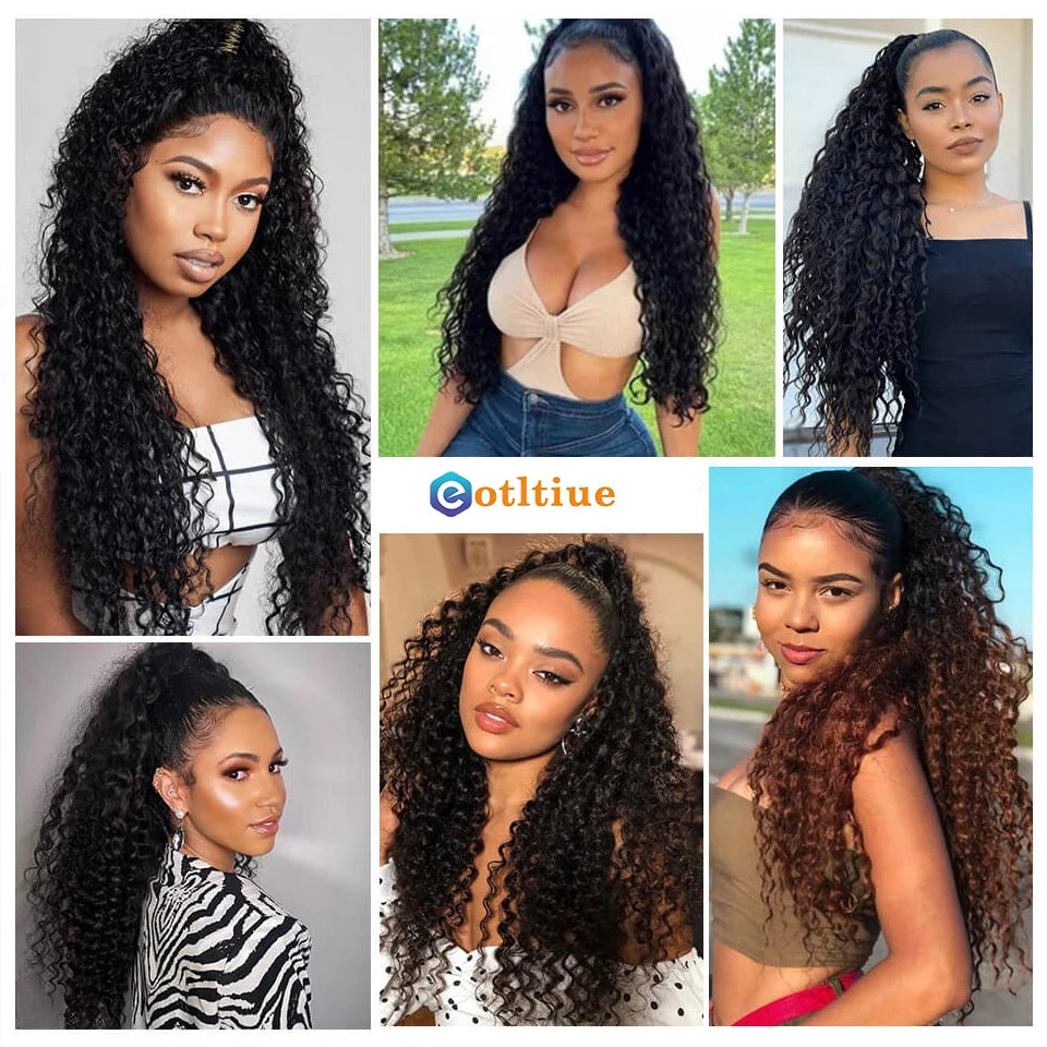 Kinky curly Brazilian human hair drawstring puff ponytail extension with clip in black, HSF Marketplace