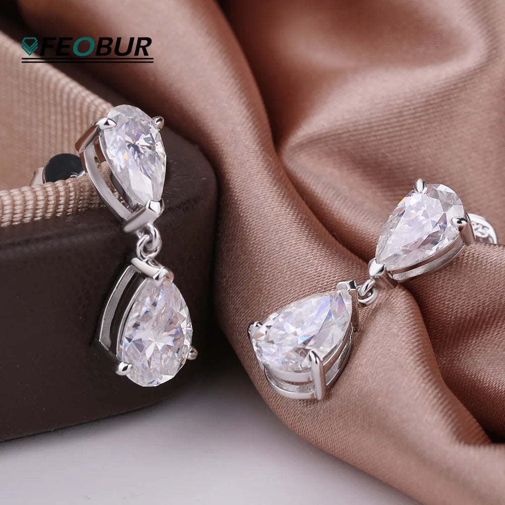 Moissanite waterdrop drop earrings in 925 sterling silver, featuring sparkling teardrop stones