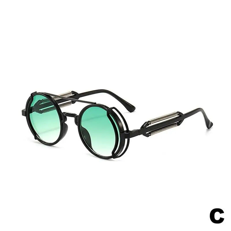 Fashionable punk steampunk sunglasses with round Gothic style, UV400 protection, featuring double spring hinges and trendy design.