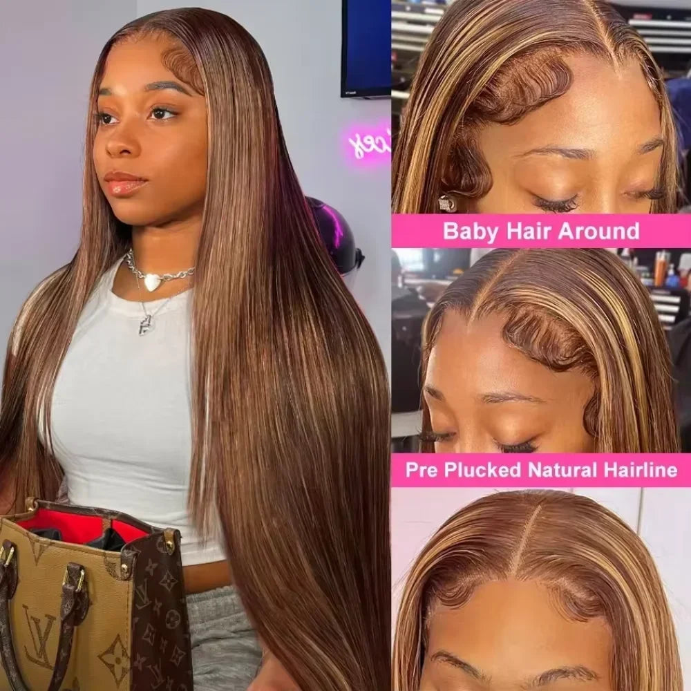 Human hair straight wig with pre-plucked hairline, 4/27 highlights, 5x5 lace, glueless design, 250 density, for women.