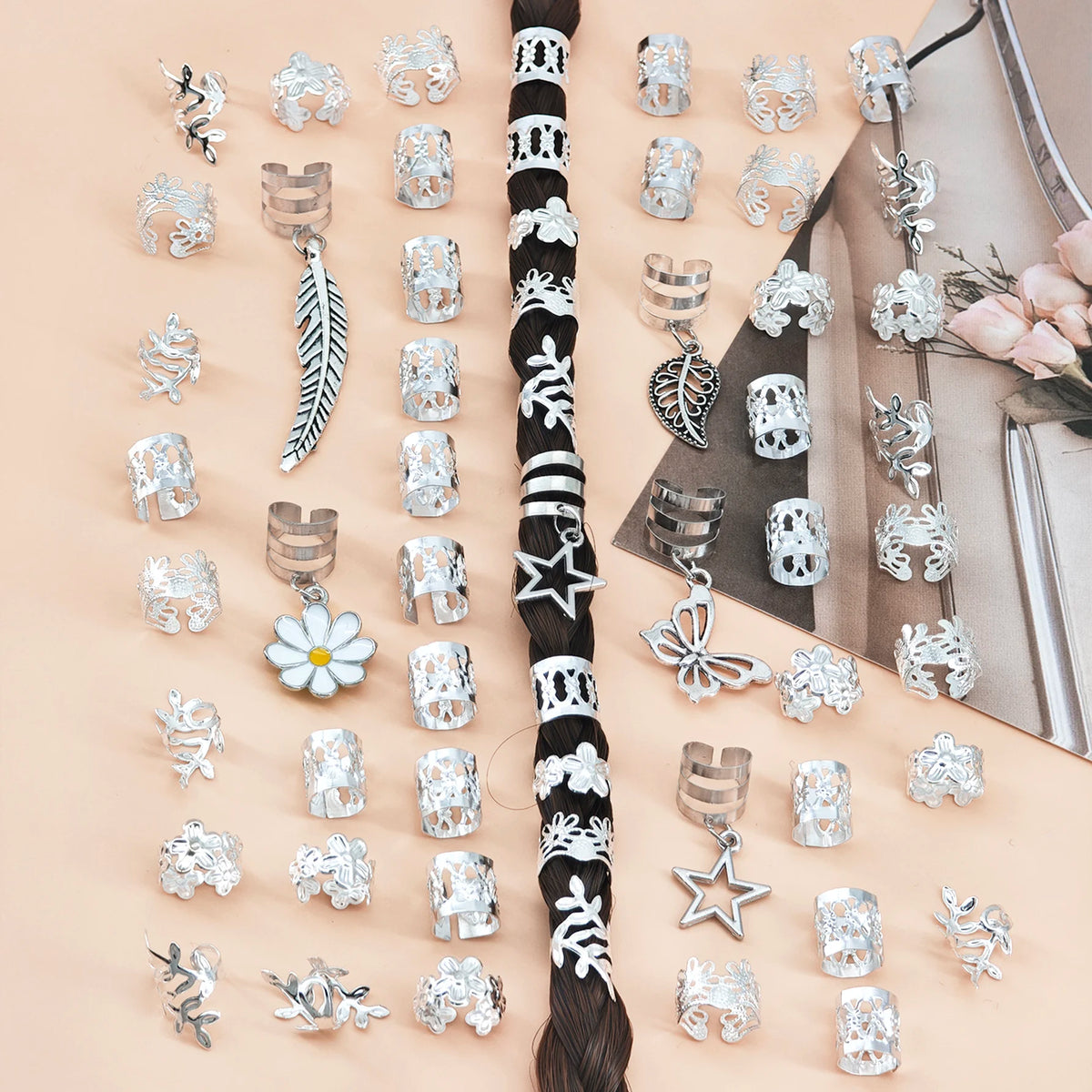 56-piece silver hair cuffs for braids and dreadlocks, hair styling tools by HSF Marketplace