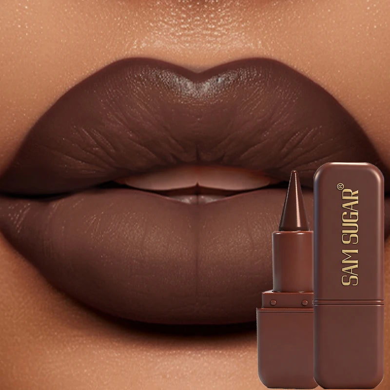 Dark chocolate matte lipstick and waterproof lip liner from HSF Marketplace, featuring gothic black-brown velvet finish for bold lips.