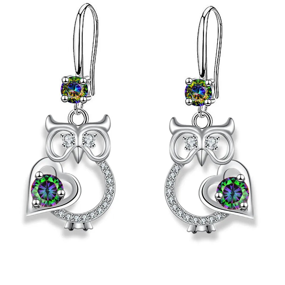 Cute silver owl drop earrings for women with colorful zircon accents by HSF Marketplace