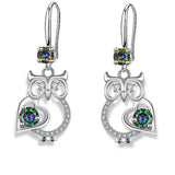 Cute silver owl drop earrings for women with colorful zircon accents by HSF Marketplace
